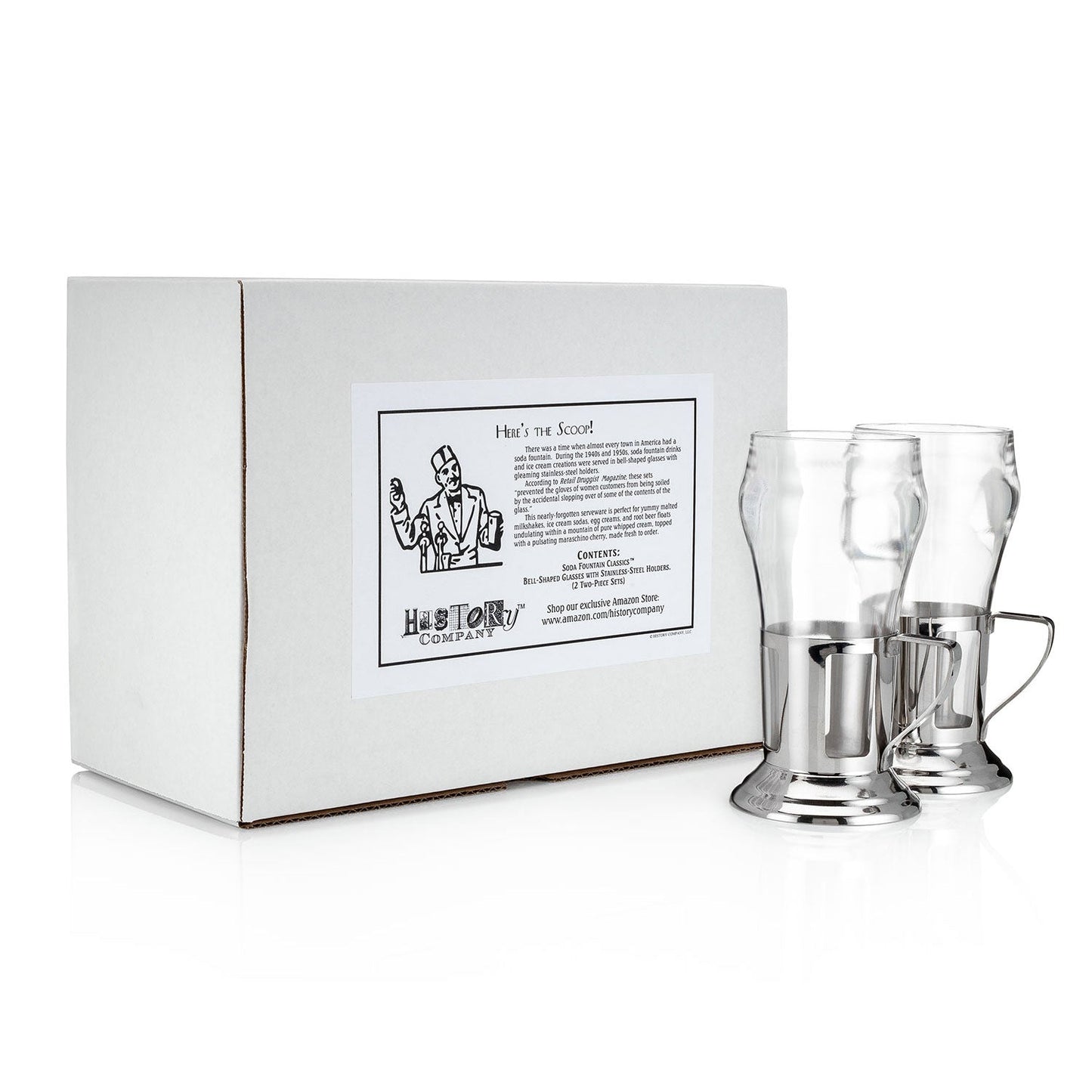 EXCLUSIVE! Two 2 - Piece Vintage Soda Fountain Service Sets – 1950s - Style Bell - Shaped Glasses with Stainless Steel Handled Holders - NY Coffee Cup (Official)