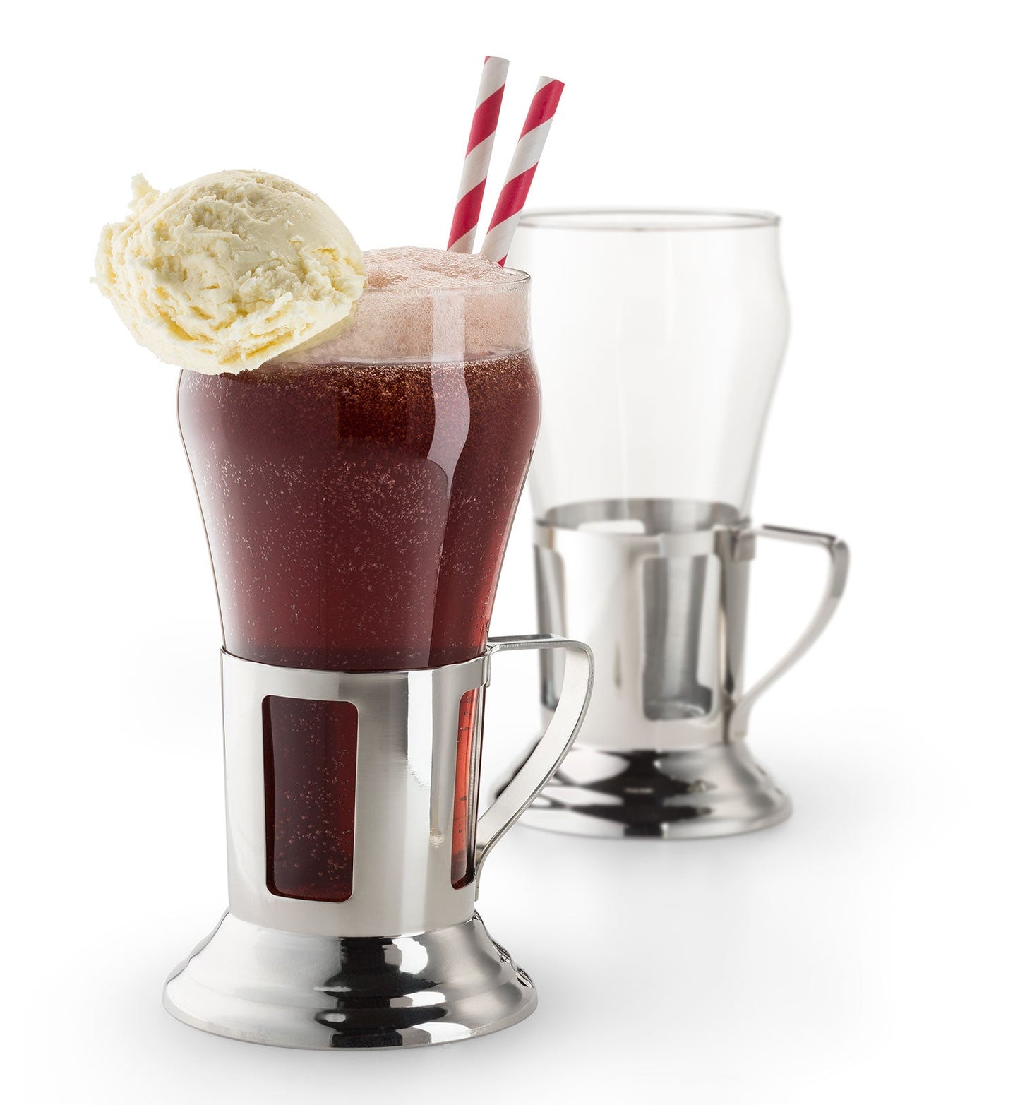 EXCLUSIVE! Two 2 - Piece Vintage Soda Fountain Service Sets – 1950s - Style Bell - Shaped Glasses with Stainless Steel Handled Holders - NY Coffee Cup (Official)
