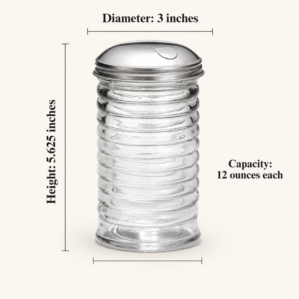 12-ounce ribbed glass beehive sugar pourer with stainless steel lid and product dimensions