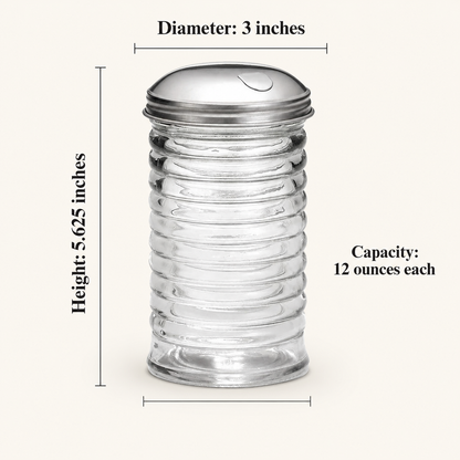 12-ounce ribbed glass beehive sugar pourer with stainless steel lid and product dimensions