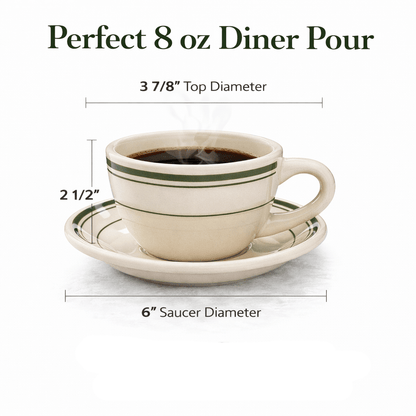 Jersey Diner Coffee Cup and Saucer – Authentic Classic Eggshell White with Green Bands – Two 2 - Piece Sets (Gift Box Collection) - NY Coffee Cup (Official)