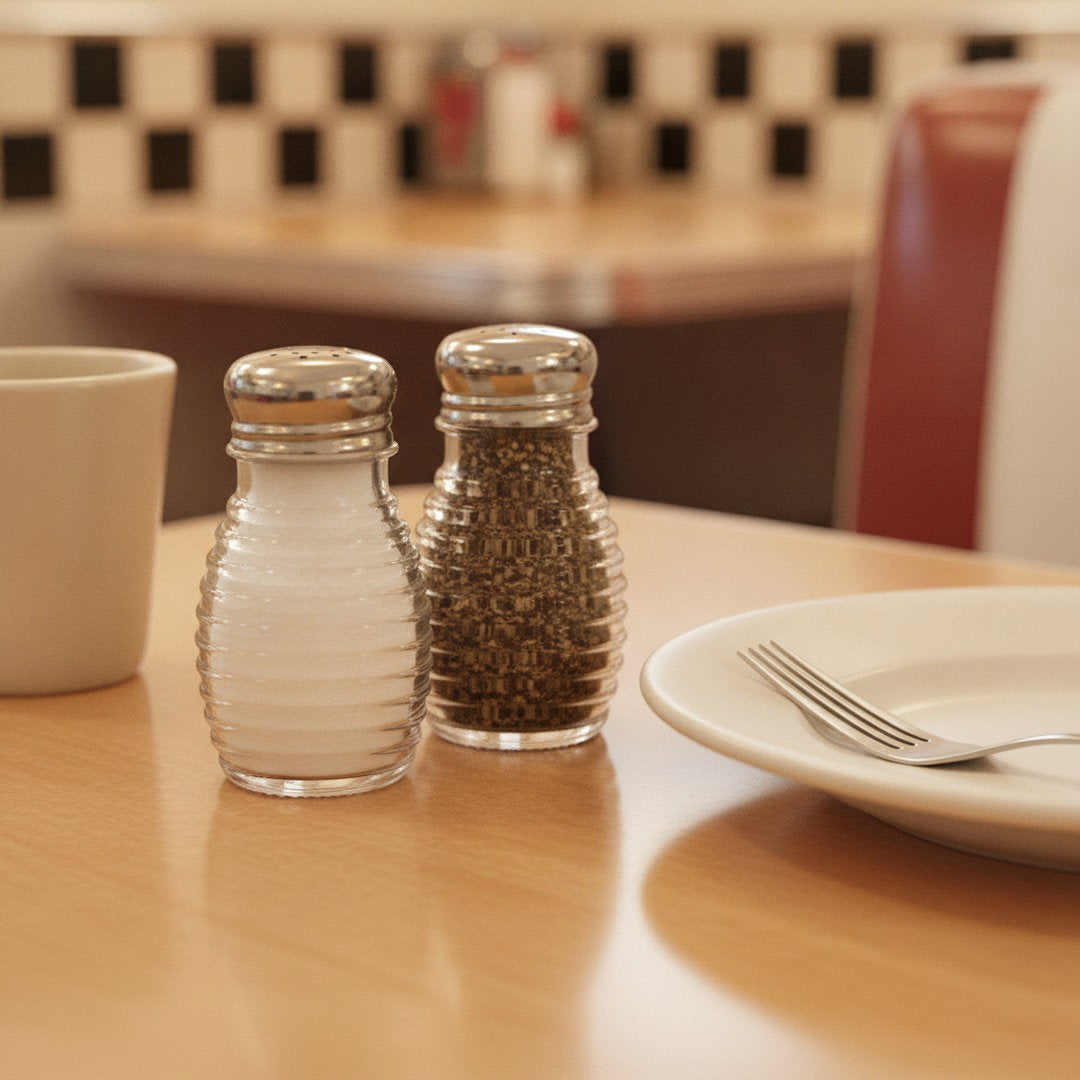 Close-up of ribbed beehive glass salt and pepper shakers with stainless steel tops on a classic diner table.