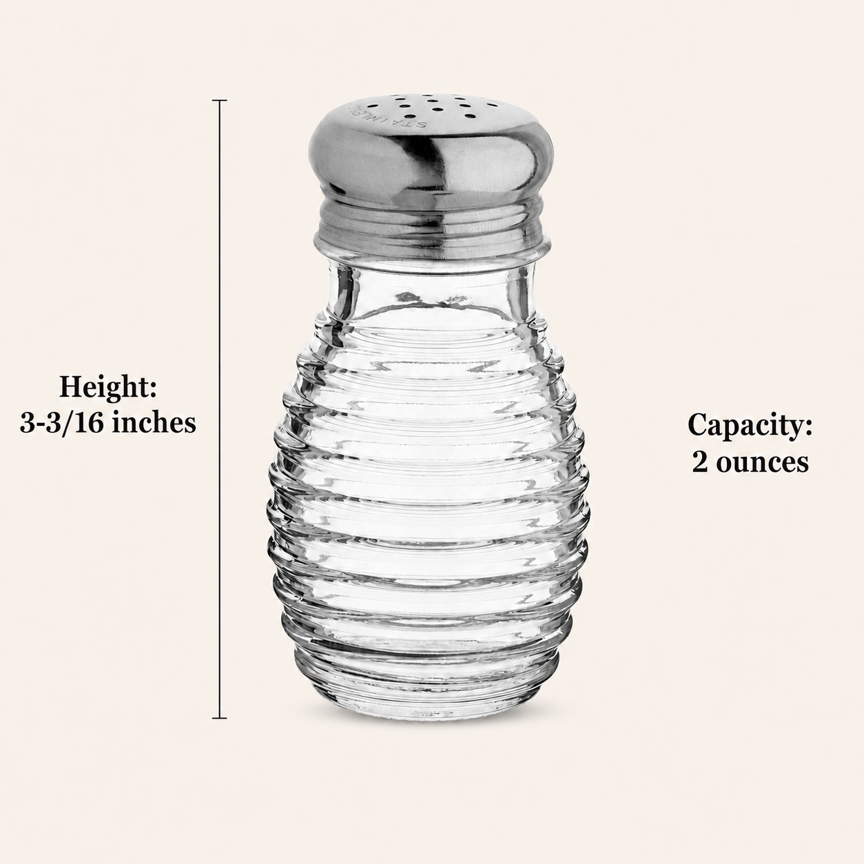 Diner-style beehive glass salt shaker showing a 3-3/16-inch height and 2-ounce capacity.