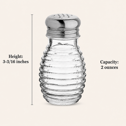 Diner-style beehive glass salt shaker showing a 3-3/16-inch height and 2-ounce capacity.