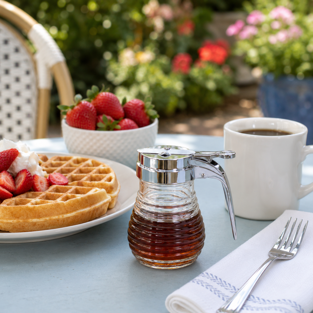 Vintage beehive syrup dispenser filled with maple syrup beside waffles, strawberries, whipped cream, and coffee on a sunny patio table.