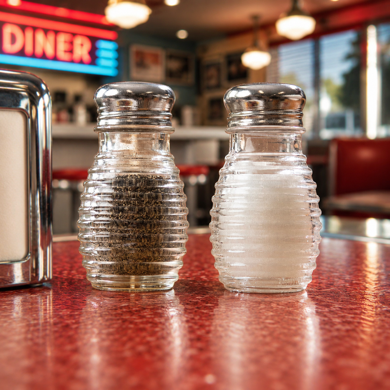 Beehive glass salt and pepper shaker set with stainless steel tops on a red counter in a classic American diner.