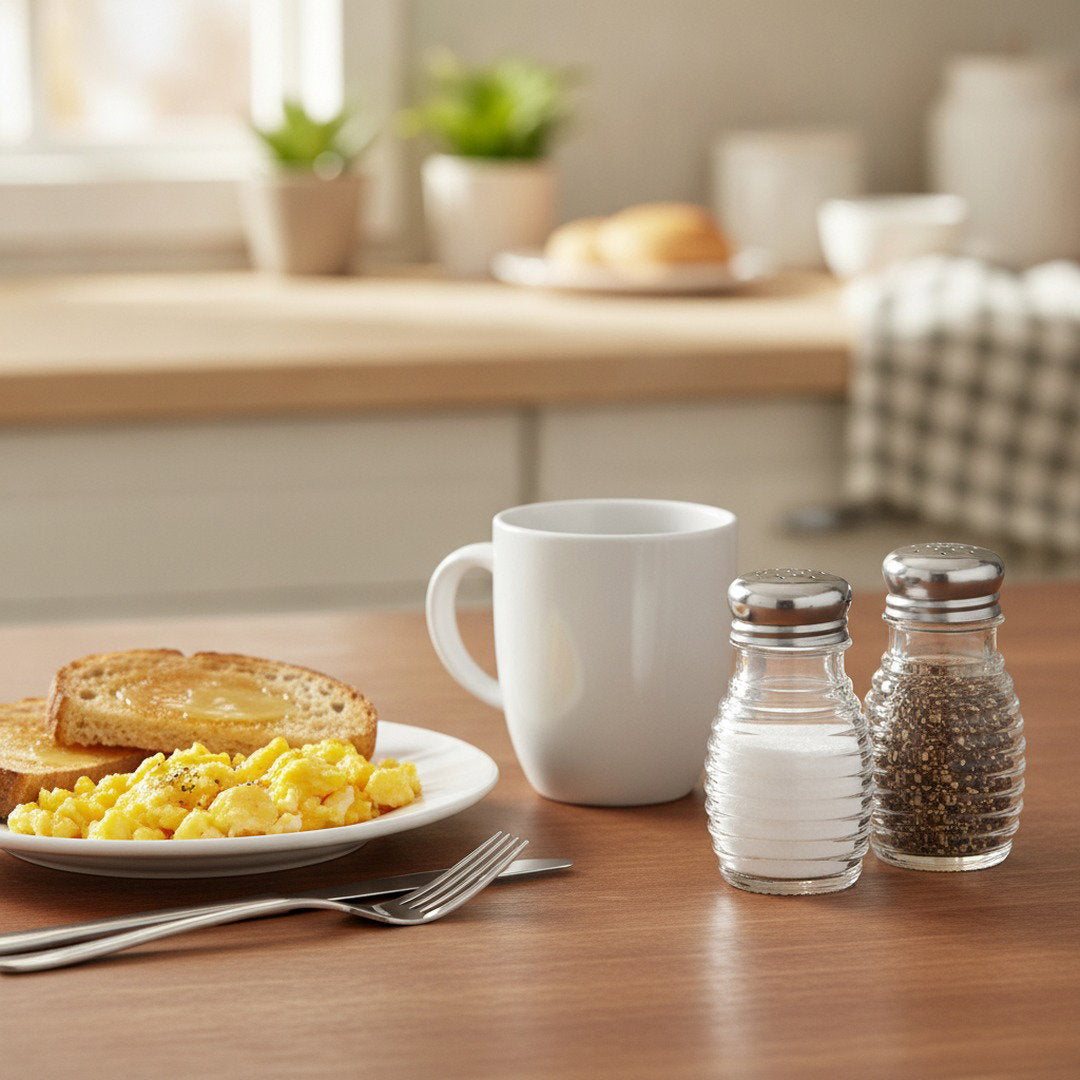 Beehive salt and pepper shakers beside scrambled eggs, buttered toast, and coffee on a breakfast table.