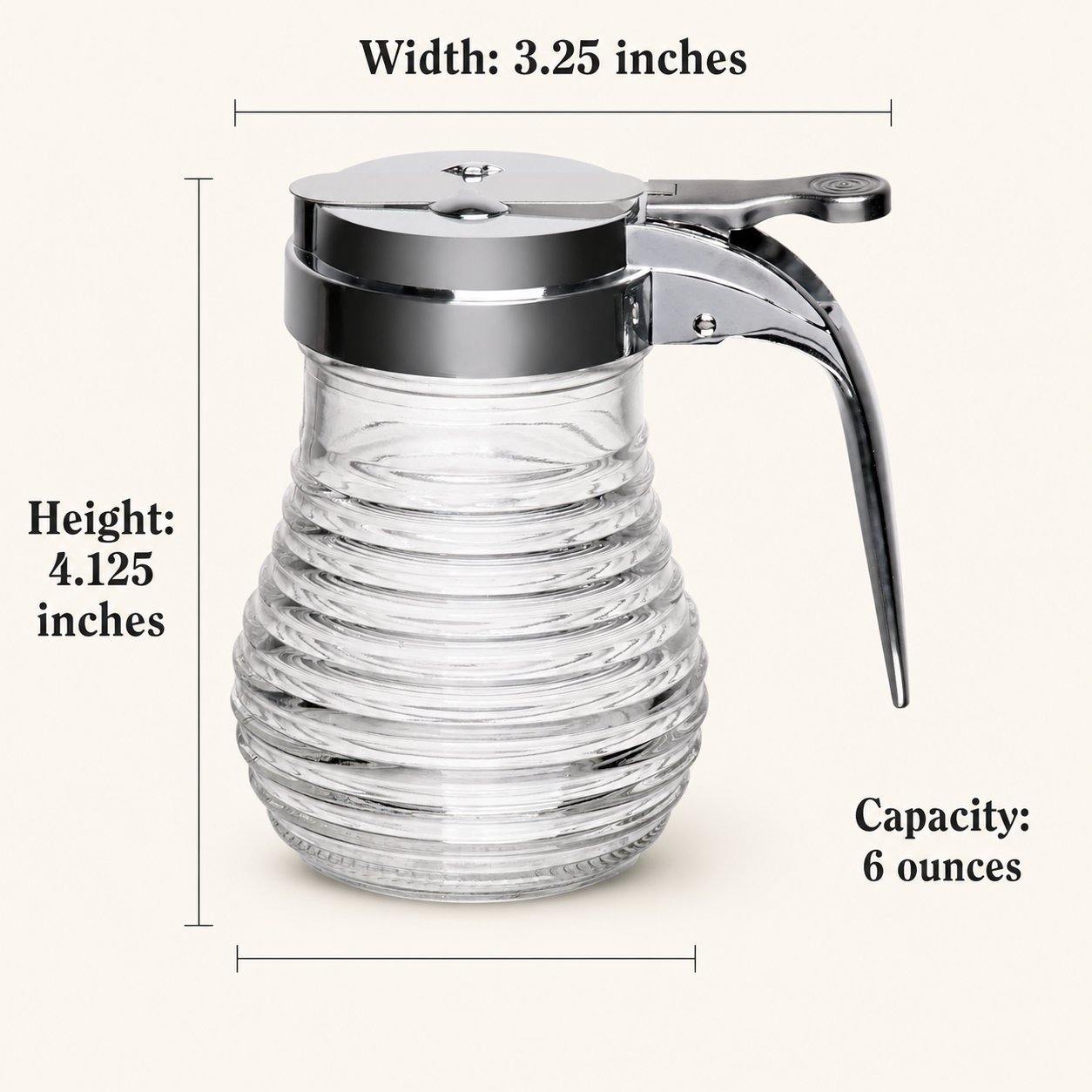 Pancake House beehive syrup dispenser with chrome lid and handle, measuring 4.125 inches high, 3.25 inches wide, and holding 6 ounces.