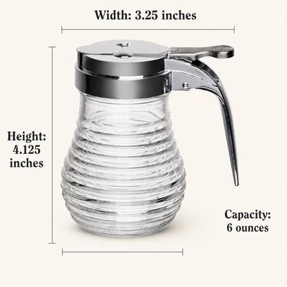 Pancake House beehive syrup dispenser with chrome lid and handle, measuring 4.125 inches high, 3.25 inches wide, and holding 6 ounces.