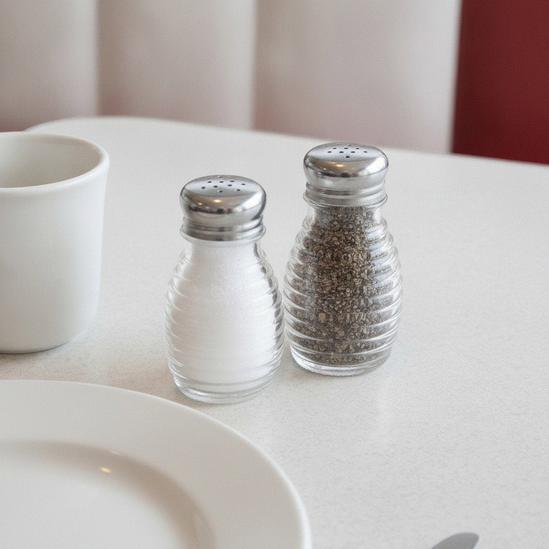 Classic beehive glass salt and pepper shakers on a white diner table beside a coffee cup and plate.
