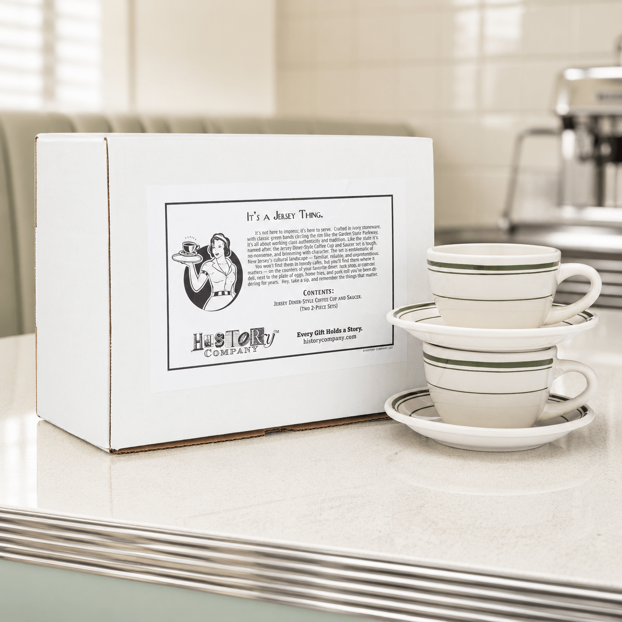 Jersey Diner Coffee Cup and Saucer – Authentic Classic Eggshell White with Green Bands – Two 2 - Piece Sets (Gift Box Collection) - NY Coffee Cup (Official)