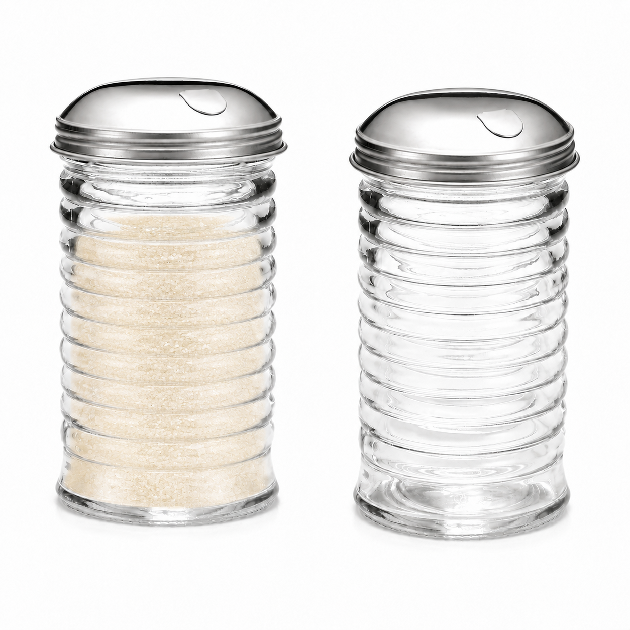 Set of two vintage ribbed glass sugar pourers with stainless steel flap lids