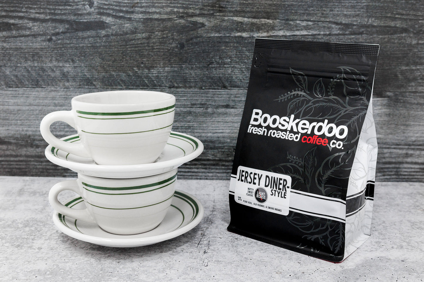 NY Coffee Cup - The 'Real Deal Combo,' featuring two 2-piece Jersey Diner Coffee Cup & Saucer Sets plus 12oz diner coffee.