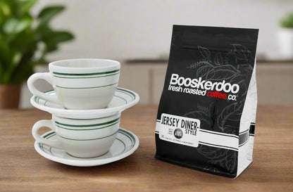 NY Coffee Cup - 'Real Deal Combo' includes two Jersey Diner Cup & Saucer Sets and a 12oz bag of classic diner-style coffee. 