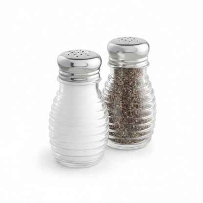 Diner-style beehive salt and pepper shaker set with ribbed glass bodies and stainless steel tops on white.