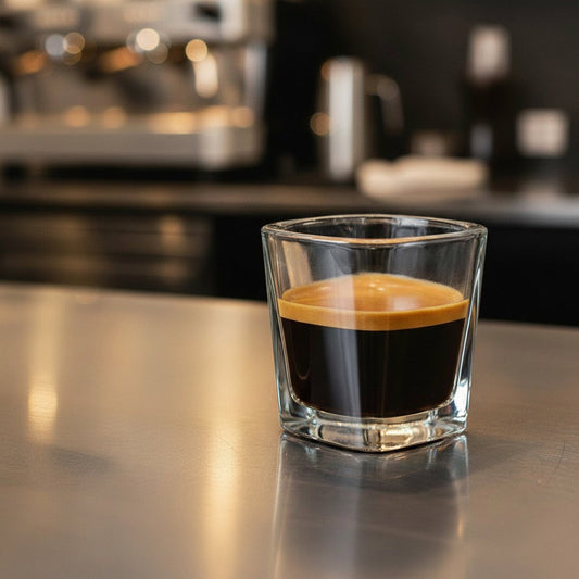 Espresso shot in a clear glass cup on a reflective surface with blurred coffee machine in the background