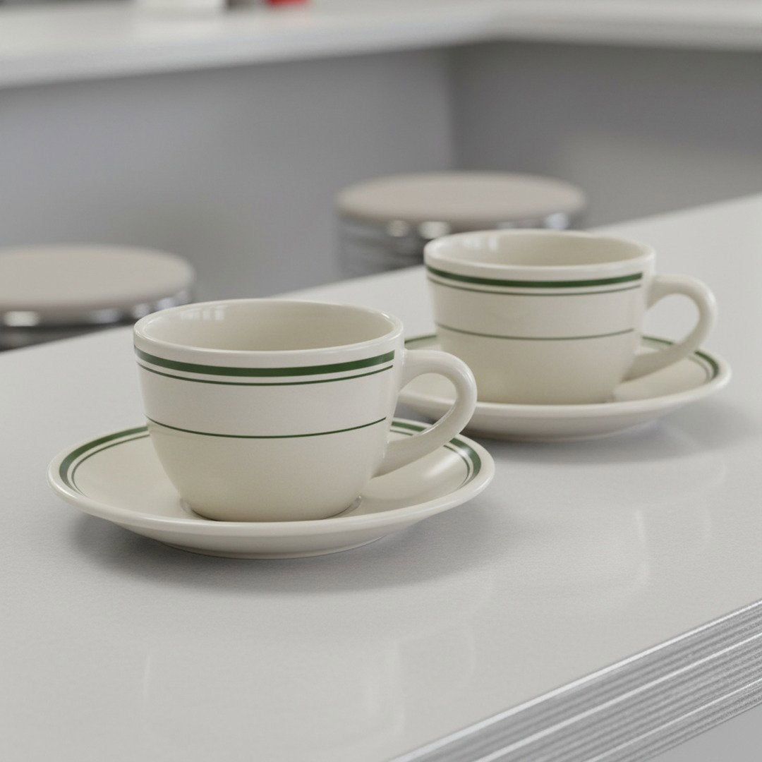 Jersey Diner Coffee Cup and Saucer – Authentic Classic Eggshell White with Green Bands – Two 2 - Piece Sets (Gift Box Collection) - NY Coffee Cup (Official)