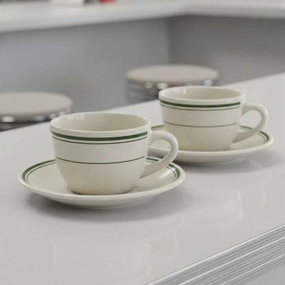 Jersey Diner Coffee Cup and Saucer – Authentic Classic Eggshell White with Green Bands – Two 2 - Piece Sets (Gift Box Collection) - NY Coffee Cup (Official)