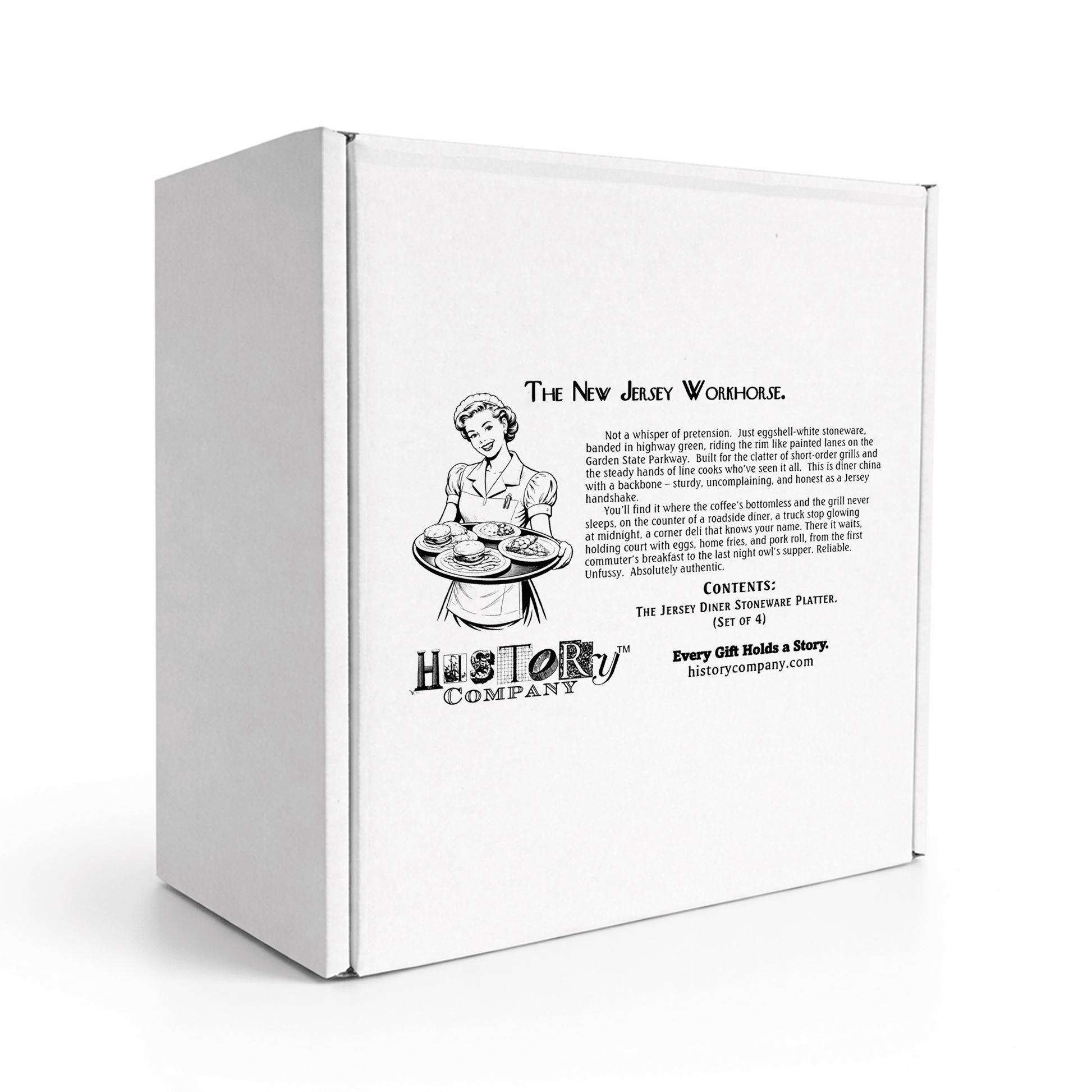 Jersey Diner Stoneware Platters – 4 - Piece Set – Authentic Classic Eggshell White with Green Bands (Gift Box Collection) - NY Coffee Cup (Official)