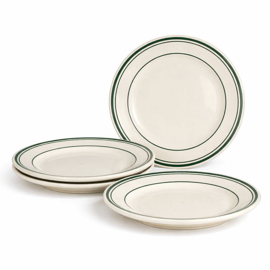 Jersey Diner Stoneware Platters – 4 - Piece Set – Authentic Classic Eggshell White with Green Bands (Gift Box Collection) - NY Coffee Cup (Official)