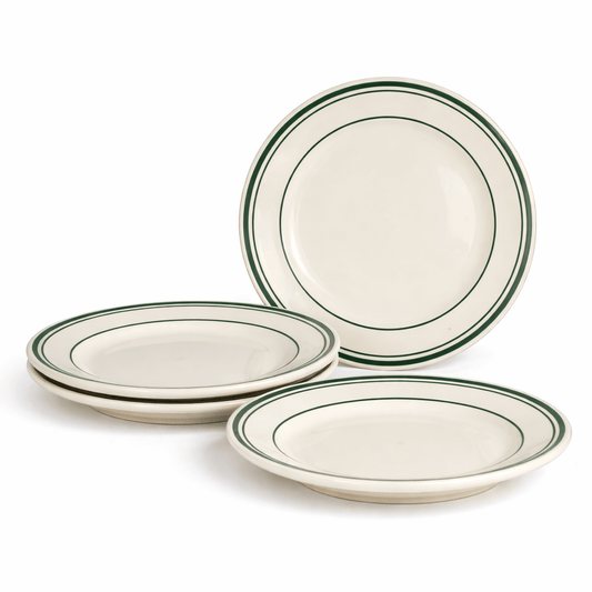 Jersey Diner Stoneware Platters – 4 - Piece Set – Authentic Classic Eggshell White with Green Bands (Gift Box Collection) - NY Coffee Cup (Official)
