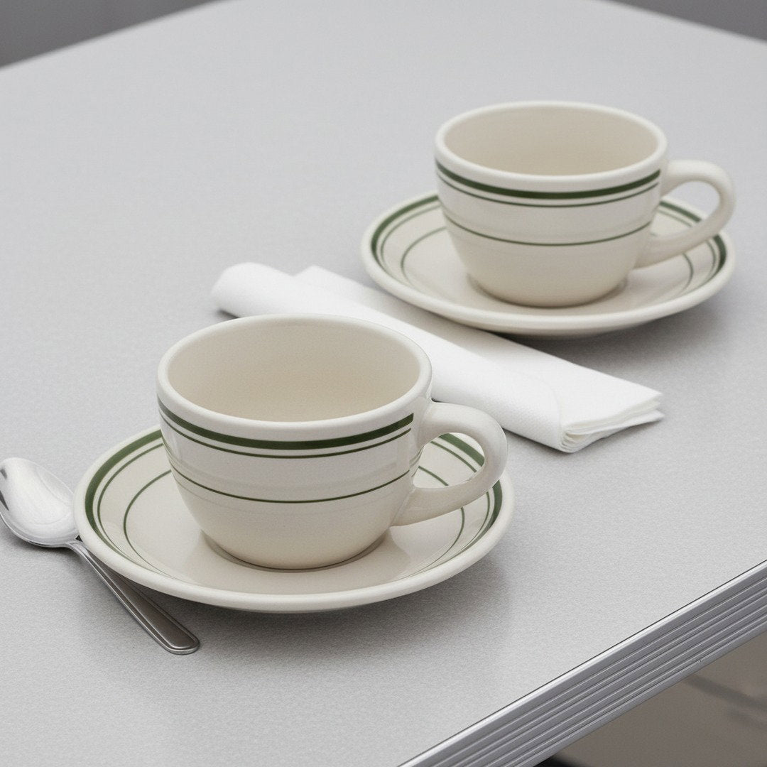 Jersey Diner Coffee Cup and Saucer – Authentic Classic Eggshell White with Green Bands – Two 2 - Piece Sets (Gift Box Collection) - NY Coffee Cup (Official)