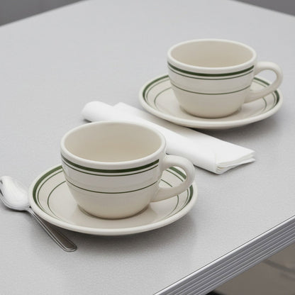 Jersey Diner Coffee Cup and Saucer – Authentic Classic Eggshell White with Green Bands – Two 2 - Piece Sets (Gift Box Collection) - NY Coffee Cup (Official)