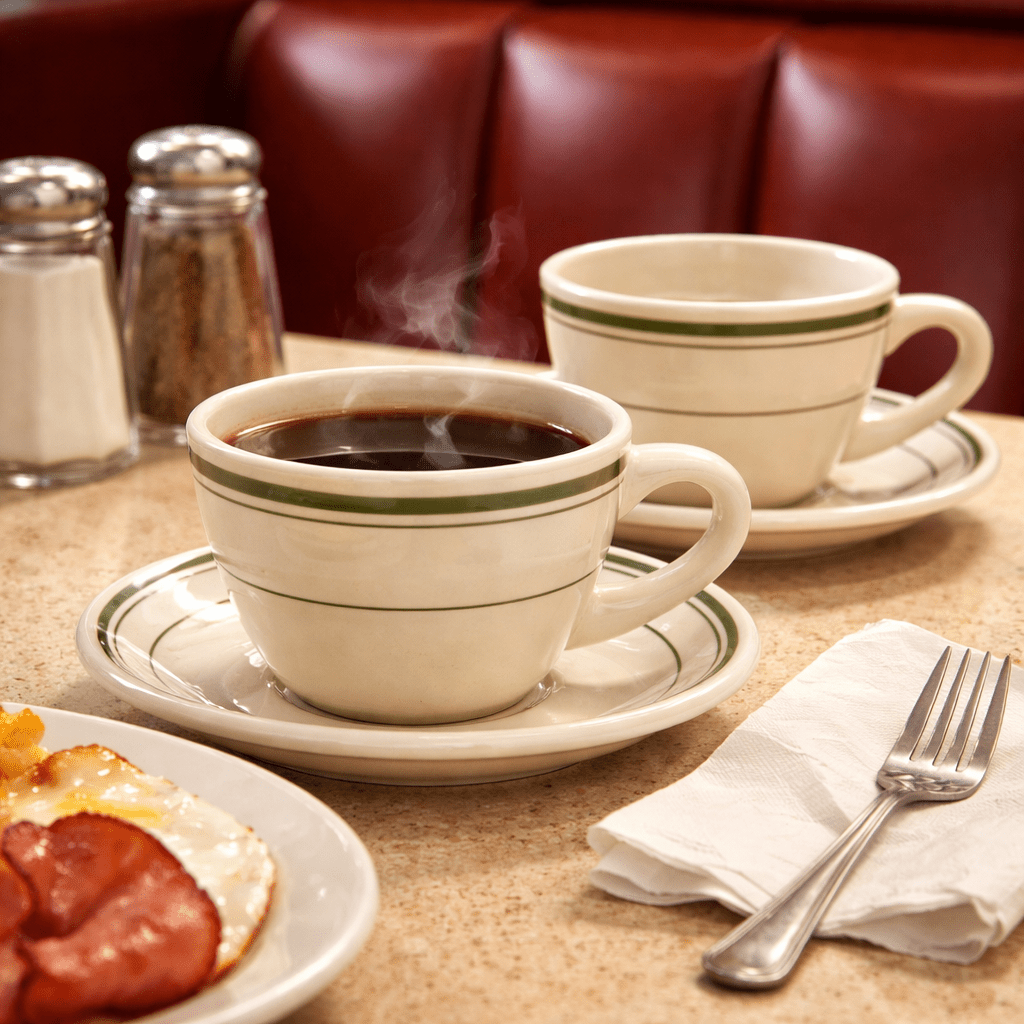 Jersey Diner Coffee Cup and Saucer – Authentic Classic Eggshell White with Green Bands – Two 2 - Piece Sets (Gift Box Collection) - NY Coffee Cup (Official)