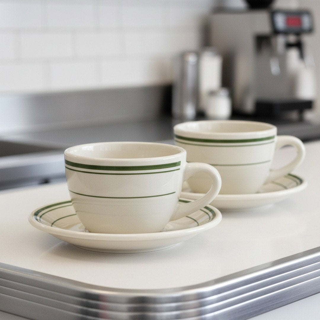 Jersey Diner Coffee Cup and Saucer – Authentic Classic Eggshell White with Green Bands – Two 2 - Piece Sets (Gift Box Collection) - NY Coffee Cup (Official)