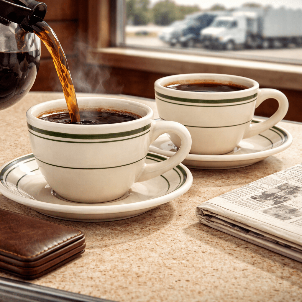 Jersey Diner Coffee Cup and Saucer – Authentic Classic Eggshell White with Green Bands – Two 2 - Piece Sets (Gift Box Collection) - NY Coffee Cup (Official)