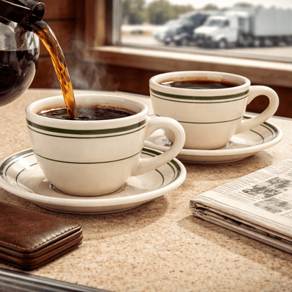 Jersey Diner Coffee Cup and Saucer – Authentic Classic Eggshell White with Green Bands – Two 2 - Piece Sets (Gift Box Collection) - NY Coffee Cup (Official)