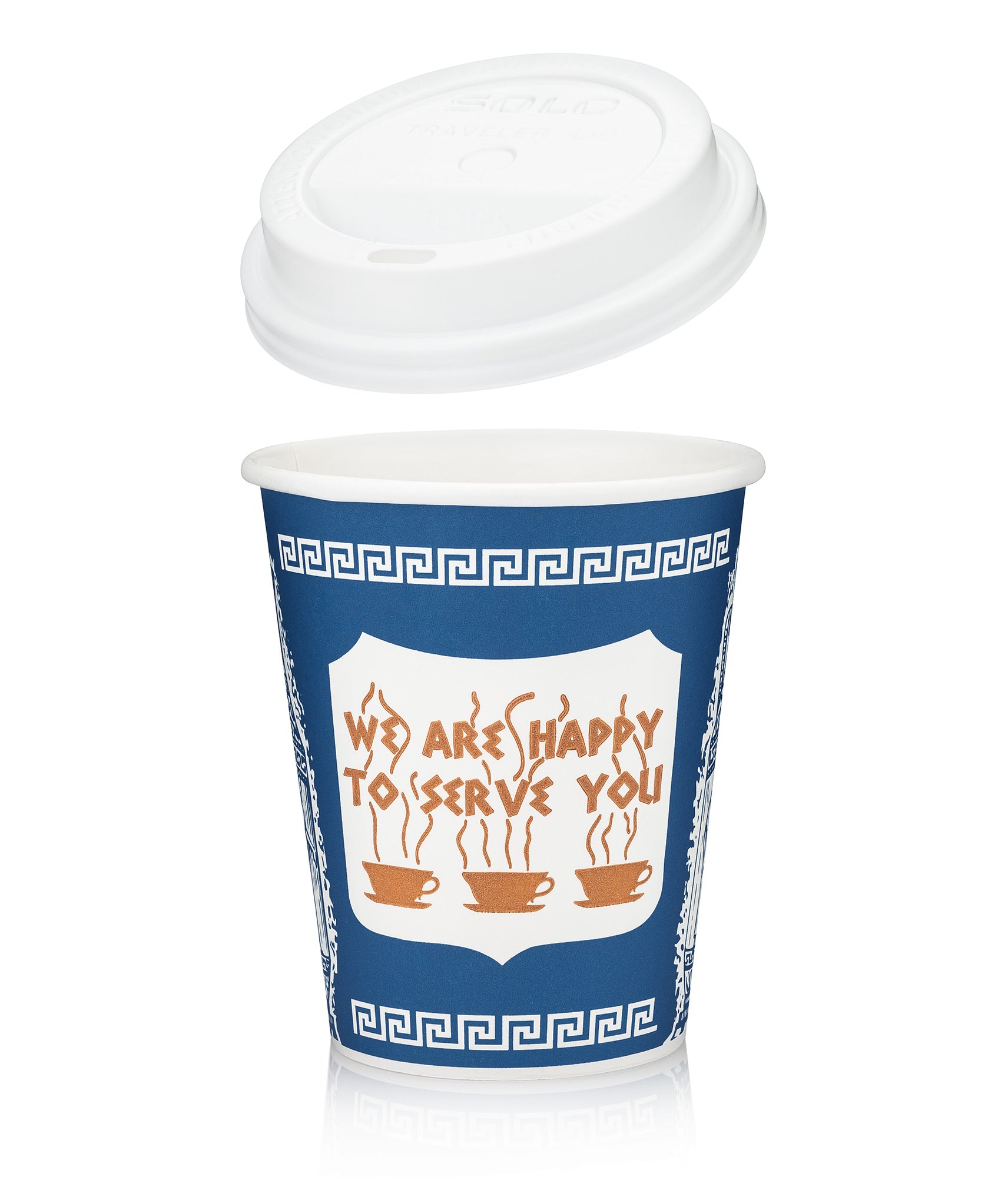 Iconic Anthora paper coffee cups with blue design and lids