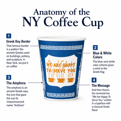 Classic New York Anthora coffee cups with matching lids