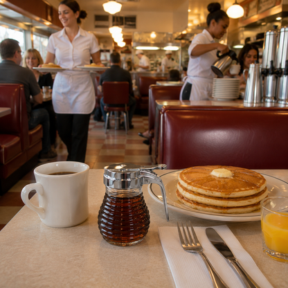 Beehive maple syrup dispenser beside pancakes, coffee, and orange juice during a busy vintage diner breakfast rush.
