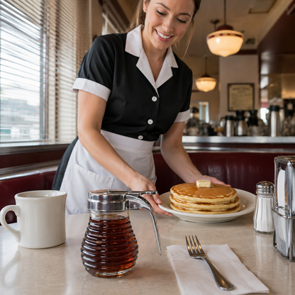 Classic beehive syrup dispenser filled with maple syrup as a diner waitress serves a stack of pancakes at the table.