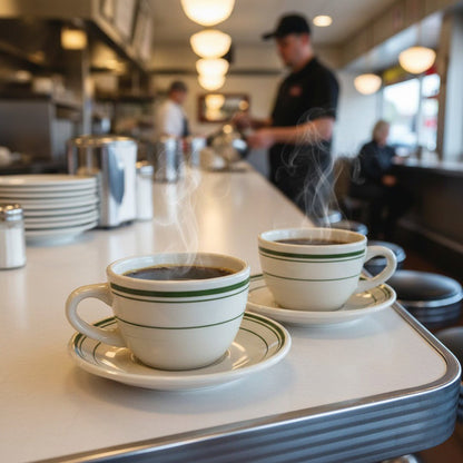 Jersey Diner Coffee Cup and Saucer – Authentic Classic Eggshell White with Green Bands – Two 2 - Piece Sets (Gift Box Collection) - NY Coffee Cup (Official)