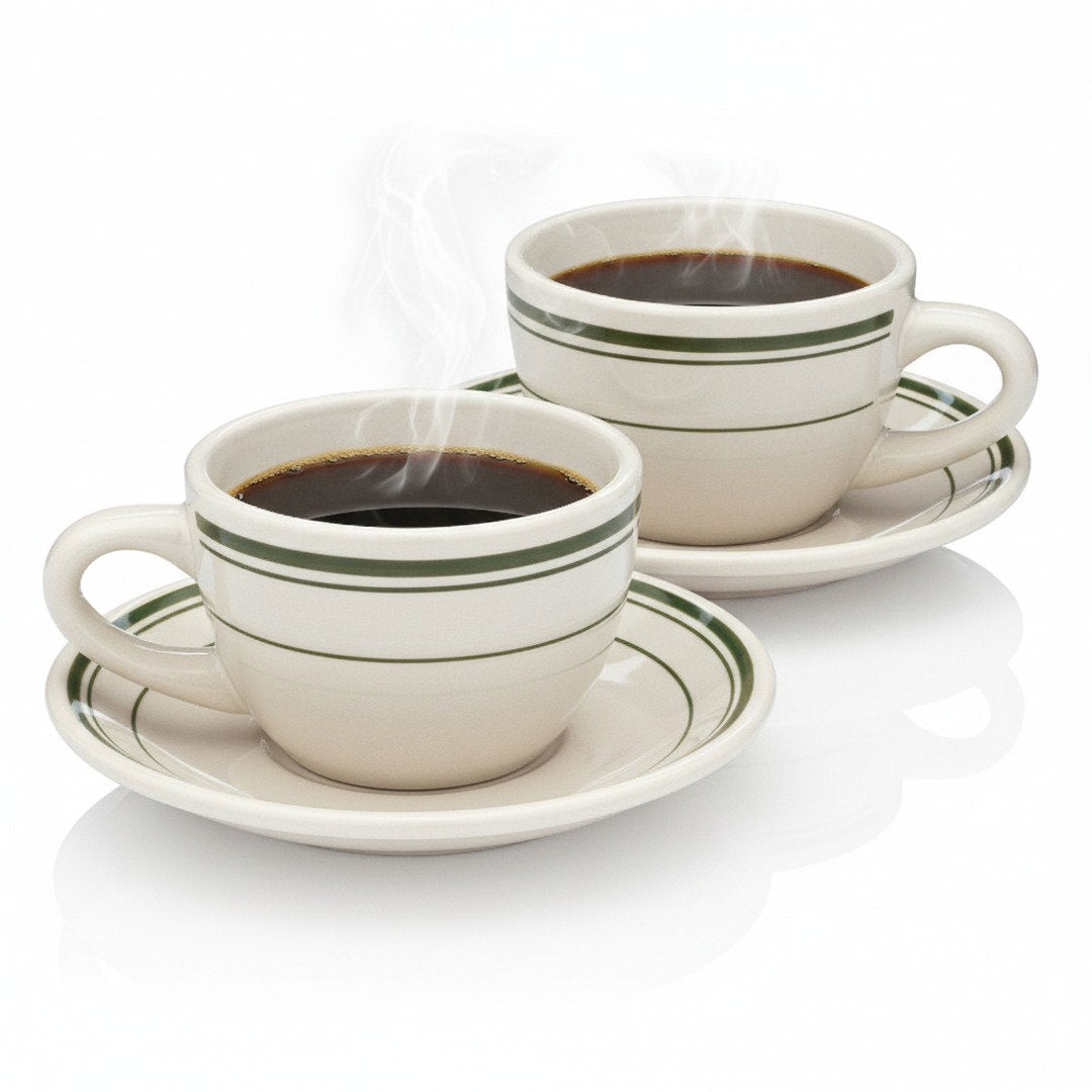 Jersey Diner Coffee Cup and Saucer – Authentic Classic Eggshell White with Green Bands – Two 2 - Piece Sets (Gift Box Collection) - NY Coffee Cup (Official)