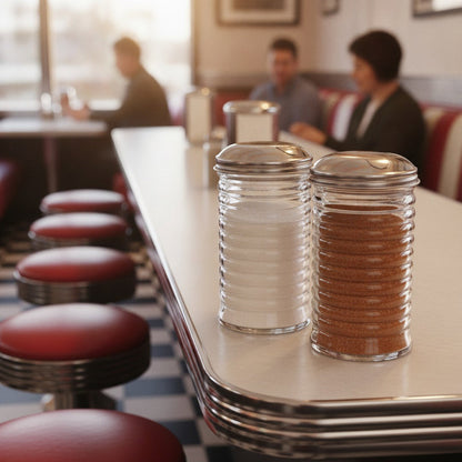 Vintage sugar and cinnamon pourers on a classic 1950s diner counter with red stools