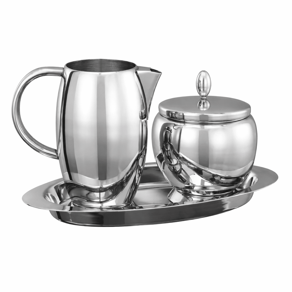 Hotel - Style “Coffee Service” Sugar Bowl and Creamer Pitcher 3 - Piece Set (Crafted in Stainless Steel) - NY Coffee Cup (Official)