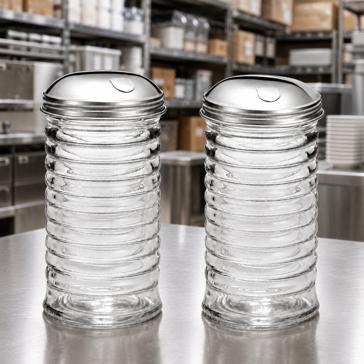 Two empty ribbed glass sugar pourers displayed in a commercial restaurant supply kitchen