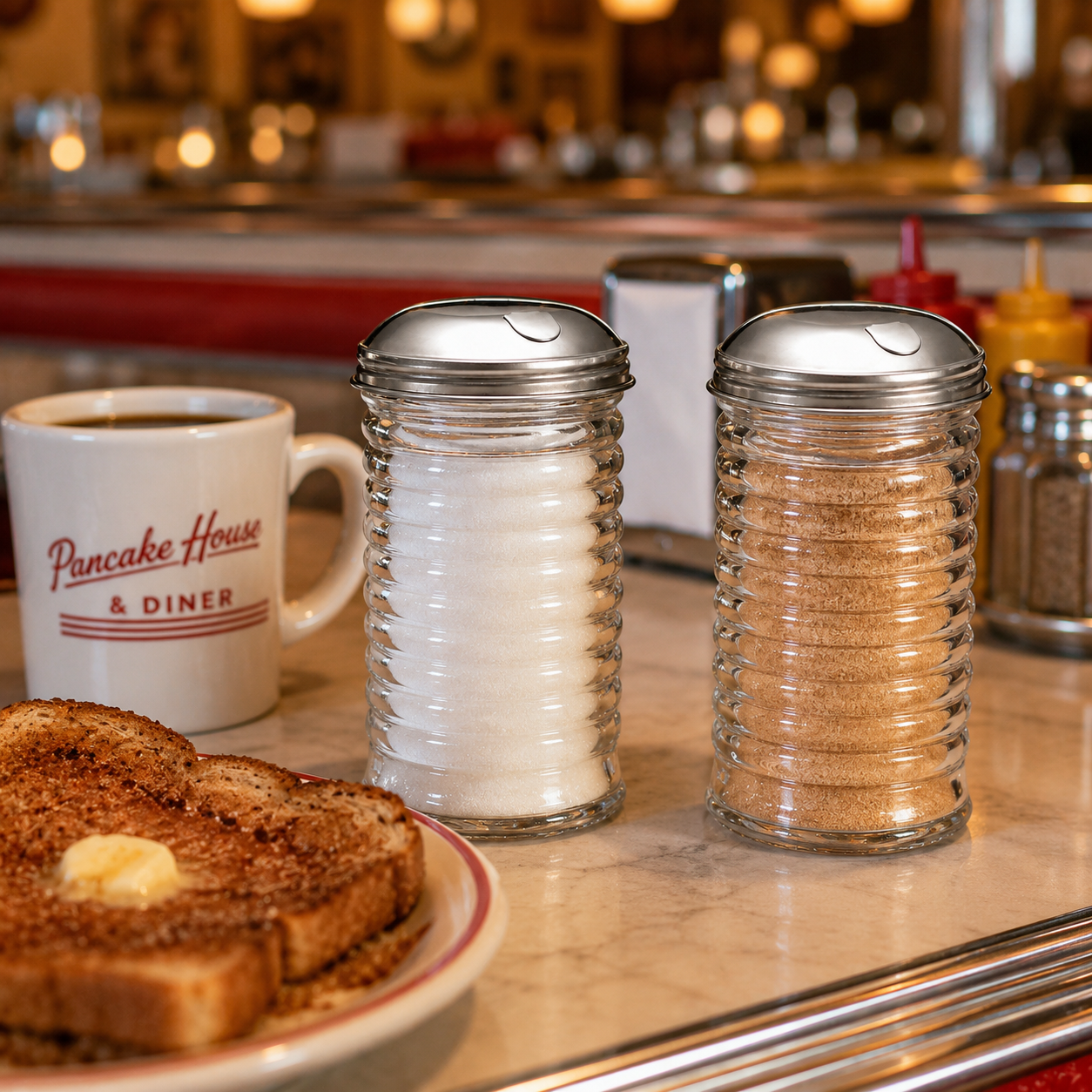 Beehive glass sugar pourers beside coffee and buttered cinnamon toast in a retro diner