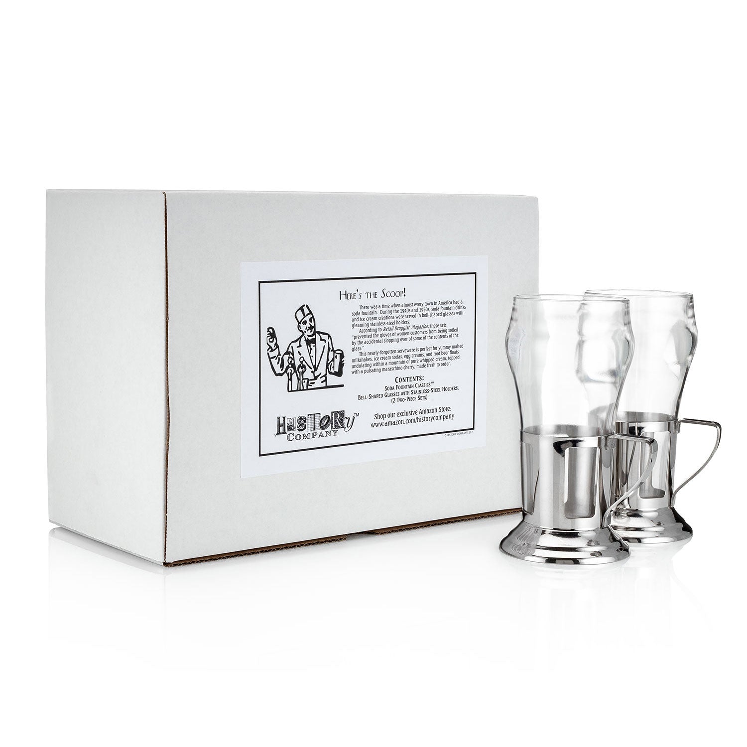 NY Coffee Cup - Vintage soda fountain glass set with bell-shaped design and stainless steel holders for classic treats.