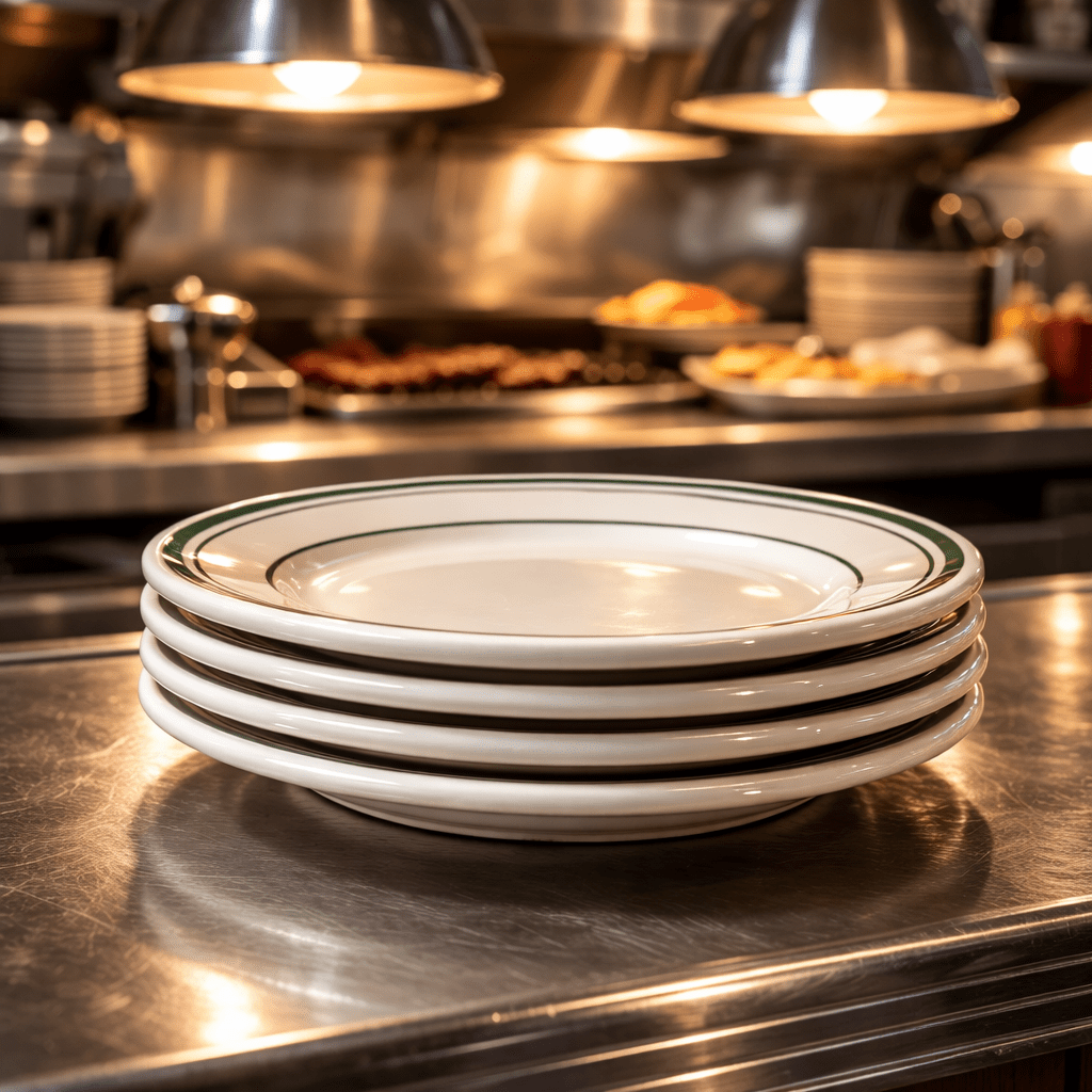 Jersey Diner Stoneware Platters – 4 - Piece Set – Authentic Classic Eggshell White with Green Bands (Gift Box Collection) - NY Coffee Cup (Official)