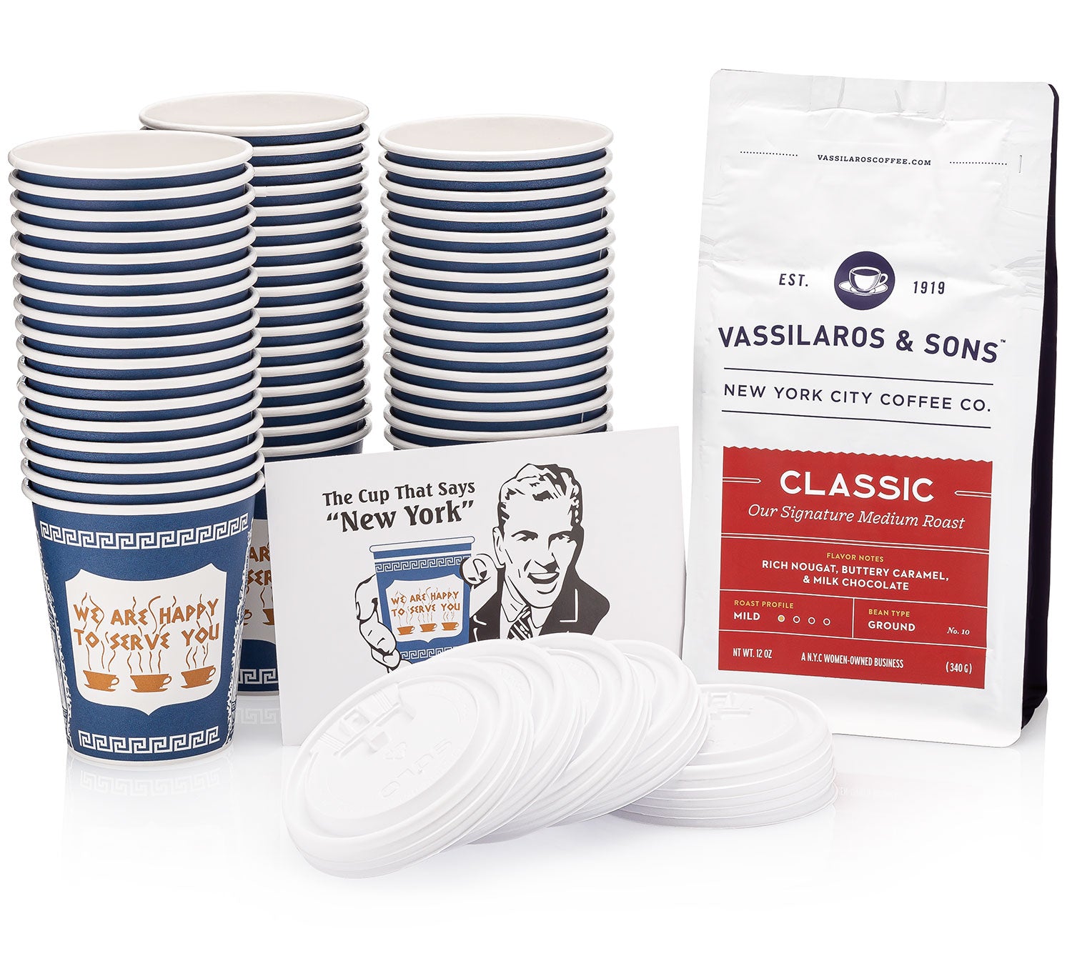 New York City Coffee Gift Set with 50 Anthora paper cups and 12-ounce bag of NYC-roasted coffee