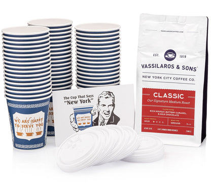 New York City Coffee Gift Set with 50 Anthora paper cups and 12-ounce bag of NYC-roasted coffee
