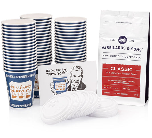 New York City Coffee Gift Set with 50 Anthora paper cups and 12-ounce bag of NYC-roasted coffee